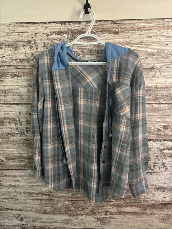 Tops - Blue Plaid Hooded Button-Up Shirt